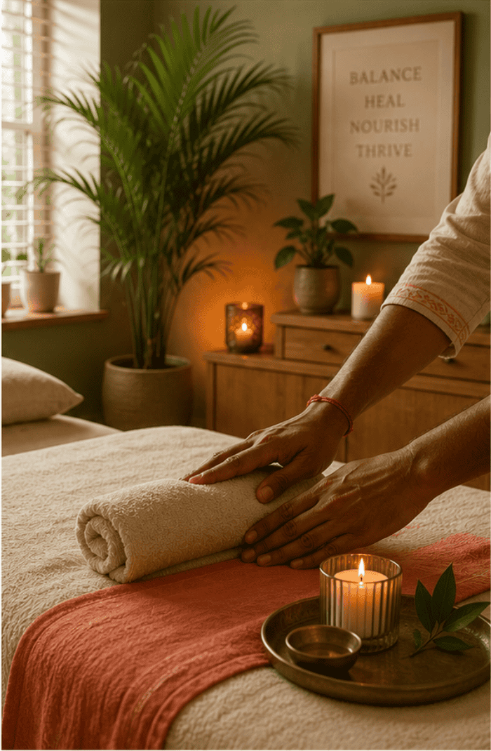 massage therapy room with green plants neutral towels coral blanket, t lighter and candles and a pair of arms and hands of Upali the therapist at Shine Wellbeing arranging the towels