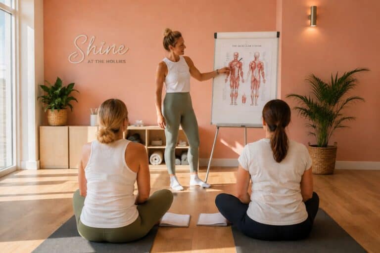 student at the Pilates Teacher Training course at Shine at The Hollies teaching two other female students about anatomy of the body