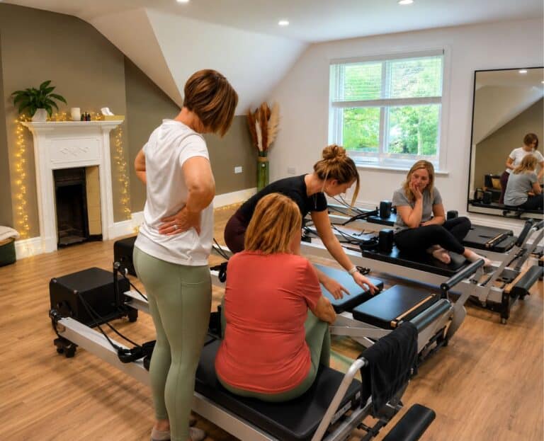 a group of women sitting and standing around a Reformer Pilates teacher at Shine at The Hollies who is demonstrating the reformer machine in the Reformer Pilates Teacher Training course