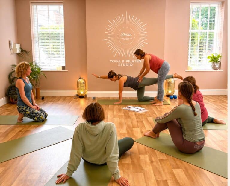Group of students watching the teacher at demonstrating how to do a pilates move in the Mat Pilates Teacher Training course at Shine at the Hollies Wellbeing Centre in Belper