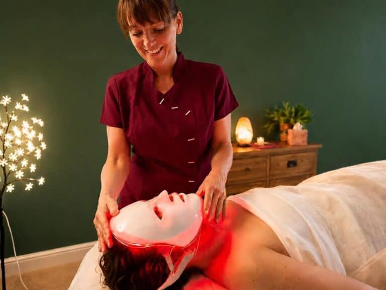 Dawn, massage therapist & beautician at shine at the Hollies wellbeing Centre carrying out a Hydro glow Facial with LED therapy